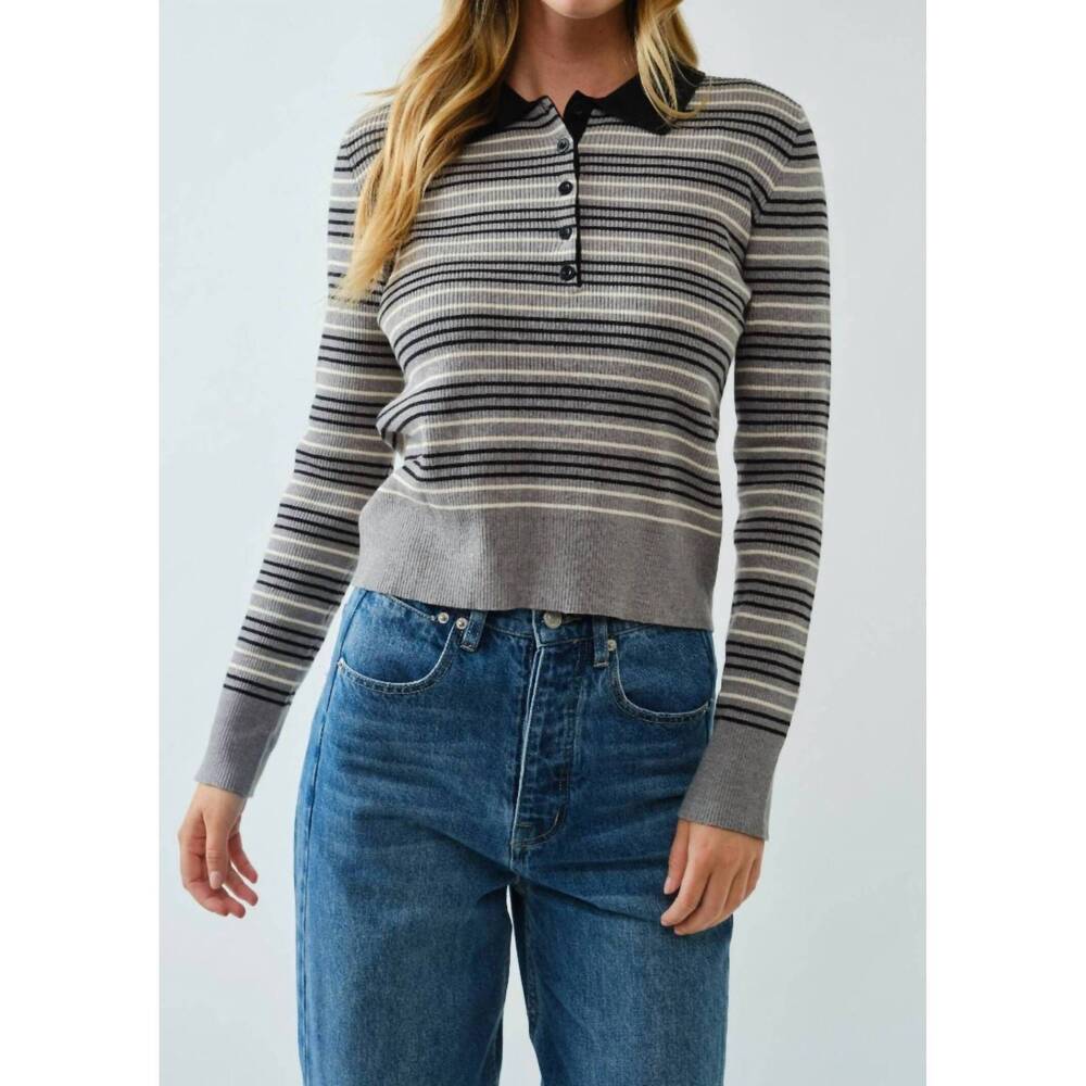 NEW AARON & AMBER timeless striped rib knit polo sweater in gray